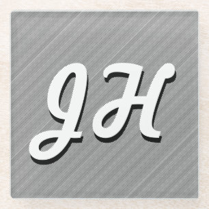 Thin Black & White Stripes Retro-Styled Initials Glass Coaster