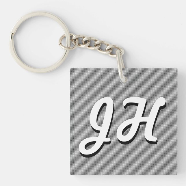 Thin Black & White Stripes | Retro-Styled Initials Key Ring (Front)