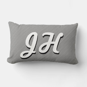 Thin Black & White Stripes   Retro-Styled Initials Lumbar Cushion