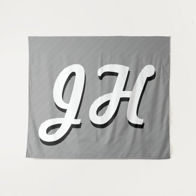 Thin Black & White Stripes | Retro-Styled Initials Tapestry (Front (Horizontal))
