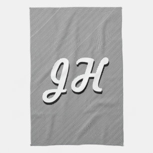 Thin Black & White Stripes Retro-Styled Initials Tea Towel