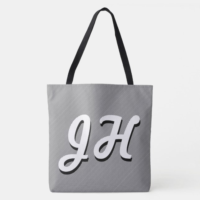 Thin Black & White Stripes | Retro-Styled Initials Tote Bag (Front)