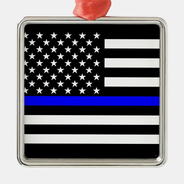 Thin Blue Line American Flag Black and White Metal Tree Decoration (Front)