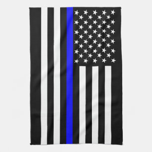 Thin Blue Line American Flag Black and White Tea Towel