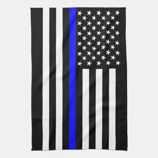Thin Blue Line American Flag Black and White Tea Towel (Vertical)