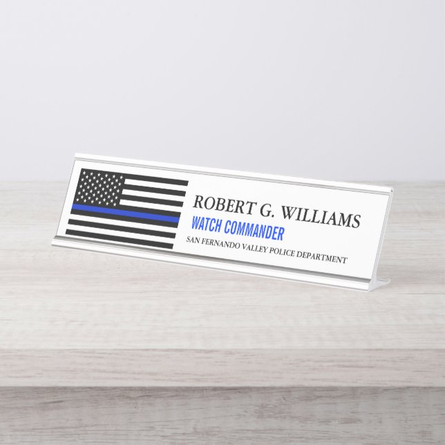 Thin Blue Line American Flag Customised White Desk Name Plate (Front)