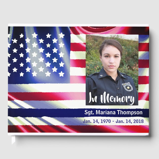 Thin Blue Line American Flag Police Memorial Guest Book (Front)