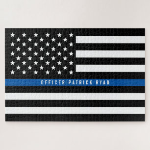 Thin Blue Line American Flag Police Monogram Jigsaw Puzzle