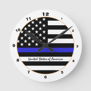 Thin Blue Line & American Flag police / USA office Round Clock
