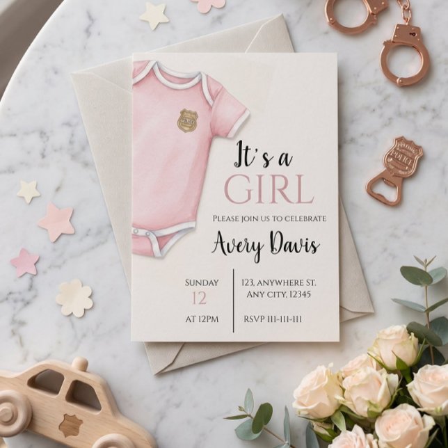 Thin Blue Line Baby Shower Invitation, Pink Invitation (Pink Police Baby Girl Shower Invitation | "It's a Girl" Law Enforcement Announcement)