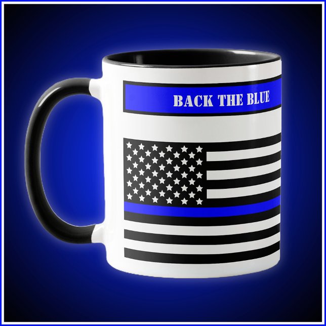 [Thin Blue Line] Back the Blue Law Enforcement SVG Mug (Design wraps around mug. 11oz Combo style mug with black selected as accent color shown here.)