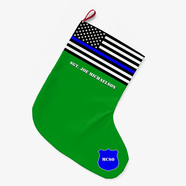 [Thin Blue Line] Back the Blue Police Flag Green Large Christmas Stocking (Front (Hanging))