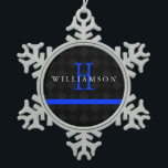Thin Blue Line Custom Monogram Snowflake Pewter Christmas Ornament<br><div class="desc">A thin blue line custom monogram ornament featuring a black squared pattern in the background.</div>