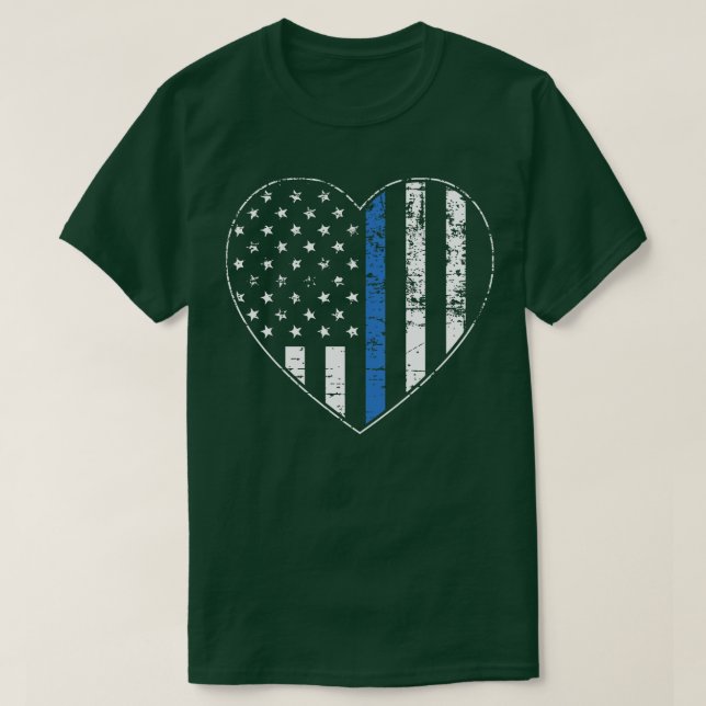 Thin Blue Line Distressed American Flag Heart T-Shirt (Design Front)