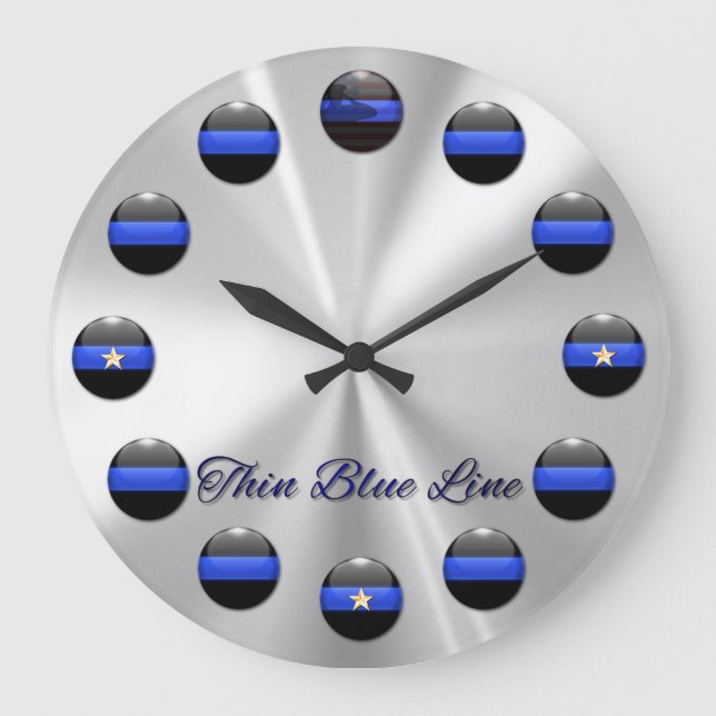Thin Blue Line Flag and Stars Inlay Buttons Large Clock (Front)