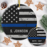Thin Blue Line Flag Police Officer Law Enforcement Ceramic Tree Decoration<br><div class="desc">Introducing our Thin Blue Line Flag police ornament, the perfect addition to your holiday decor and a thoughtful gift for any law enforcement officer in your life. This American flag-inspired ornament features a bold blue line that pays tribute to the brave men and women who serve and protect our communities...</div>
