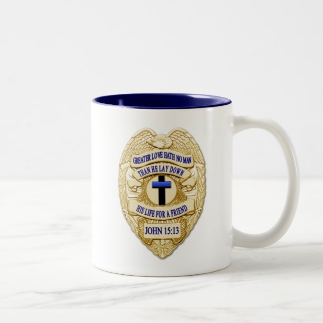 Thin Blue Line Glowing Button & Gold Badge Two-Tone Coffee Mug (Right)