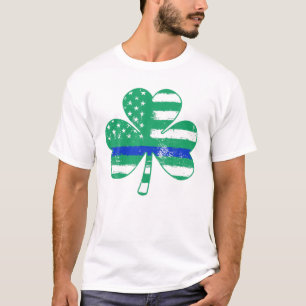 Thin Blue Line Irish Shamrock Police Gift USA Amer T-Shirt
