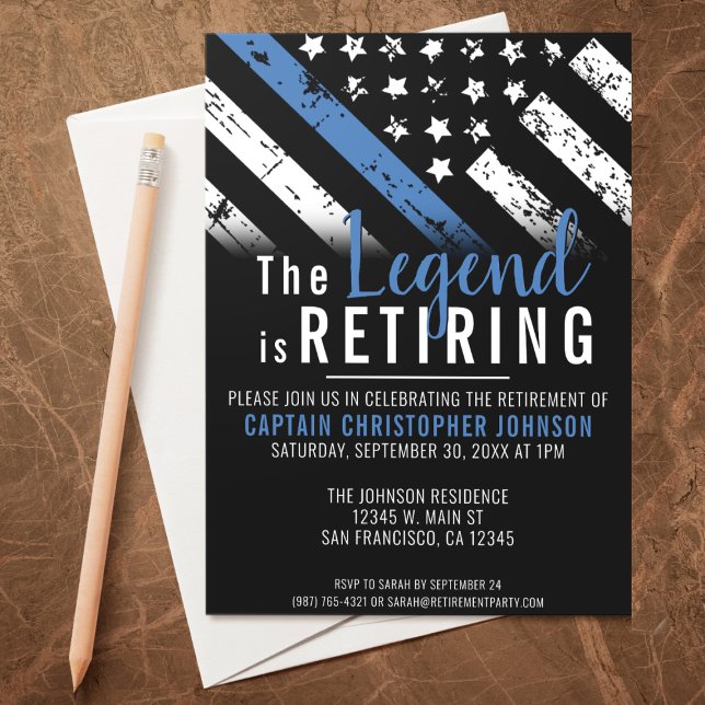Thin Blue Line Law Enforcement Police Retirement  Invitation (A perfect retirement party invitation for a retiring law enforcement police officer, chief, sheriff!)