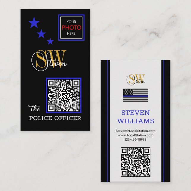 Thin Blue Line & Modern QR Code / Monogrammed Name Business Card (Front/Back)