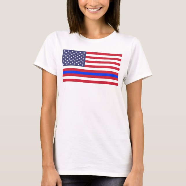 "THIN BLUE LINE on FLAG" T-Shirt (Front)