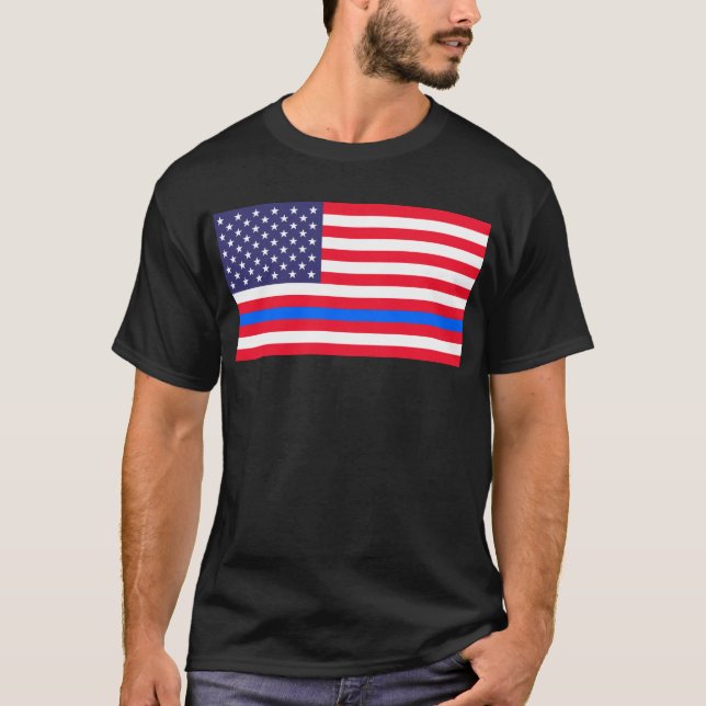 "THIN BLUE LINE on FLAG" T-Shirt (Front)