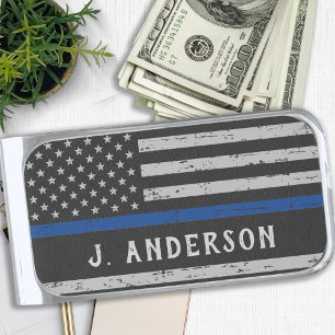 Thin Blue Line Personalised Police Officer Silver Finish Money Clip