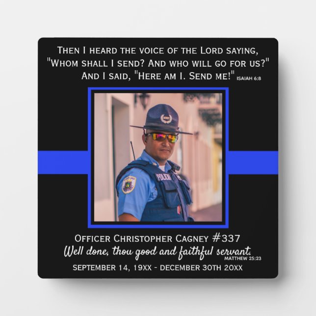 Thin Blue Line Photo Police Officer Memorial Plaque (Front)