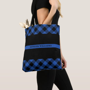 Thin Blue Line Police Buffalo Plaid Monogram Tote Bag