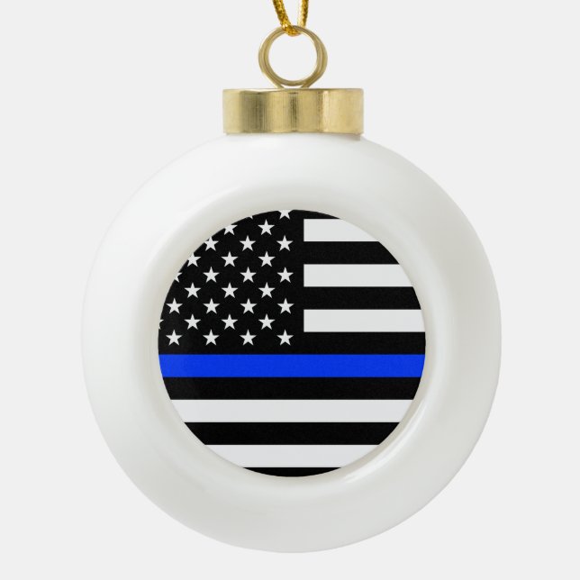 Thin Blue Line Police Flag Ceramic Ball Christmas Ornament (Front)