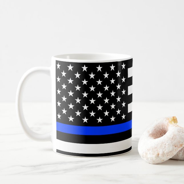Thin Blue Line Police Flag Coffee Mug (With Donut)
