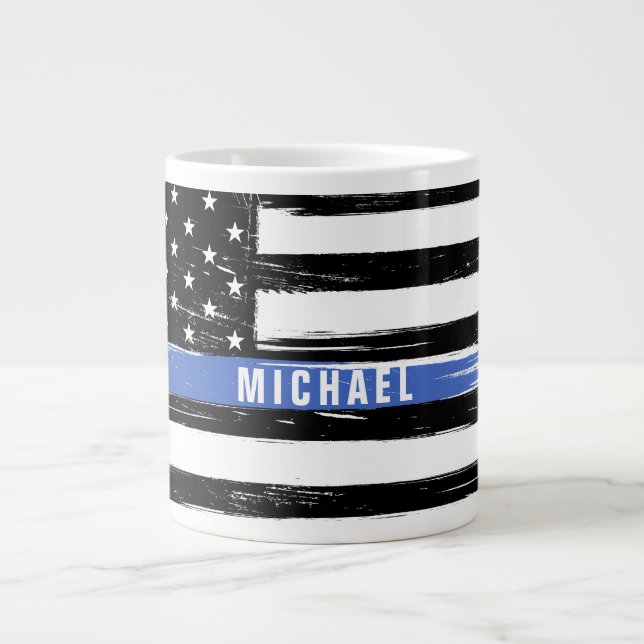 Thin Blue Line Police Flag Grunge Personalised Large Coffee Mug (Front)