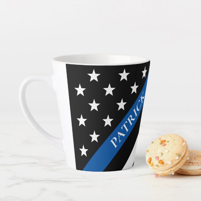 Thin Blue Line Police Flag Monogram Name Latte Mug (In Situ)