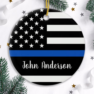 Thin Blue Line - Police Officer - American Flag Ceramic Tree Decoration