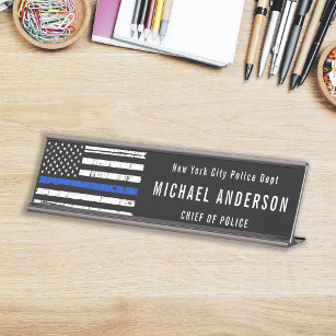 Thin Blue Line Police Officer American Flag Desk Name Plate