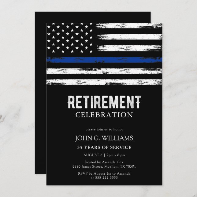 Thin Blue Line Police Officer Cop Retirement Invitation (Front/Back)
