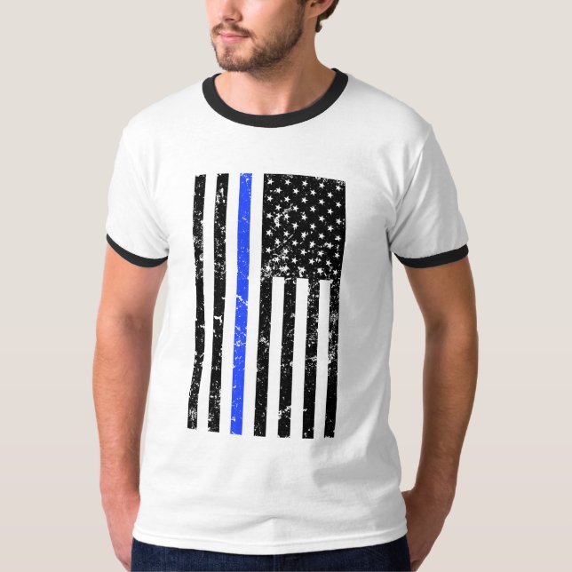 Thin Blue Line - Police Officer - Distressed Flag T-Shirt (Front)