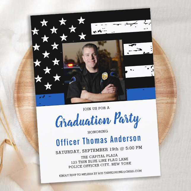 Thin Blue Line Police Officer Photo Graduation Invitation (Creator Uploaded)