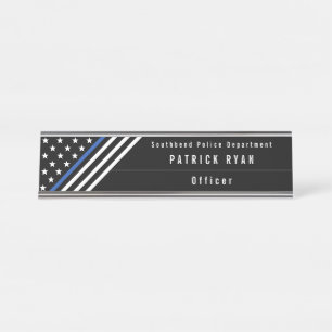 Thin Blue Line Police Stars Stripes Monogram Desk Name Plate