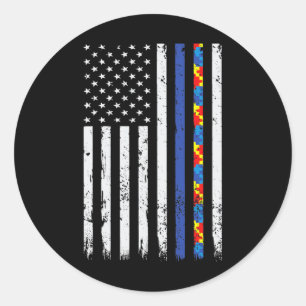 Thin Blue Line Police Support Autism 4th July Mum  Classic Round Sticker