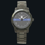 Thin Blue Line Serviceman Watch<br><div class="desc">An elegant monogram black,  white,  blue stripe watch with a spot for your gift recipient's name and last name initial monogram. A great gift for anyone who is a part of the police force,  currently serving or retired.</div>
