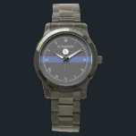Thin Blue Line Serviceman Watch<br><div class="desc">An elegant monogram black, white, blue stripe watch with a spot for your gift recipient's name and last name initial monogram. A great gift for anyone who is a part of the police force, currently serving or retired.</div>