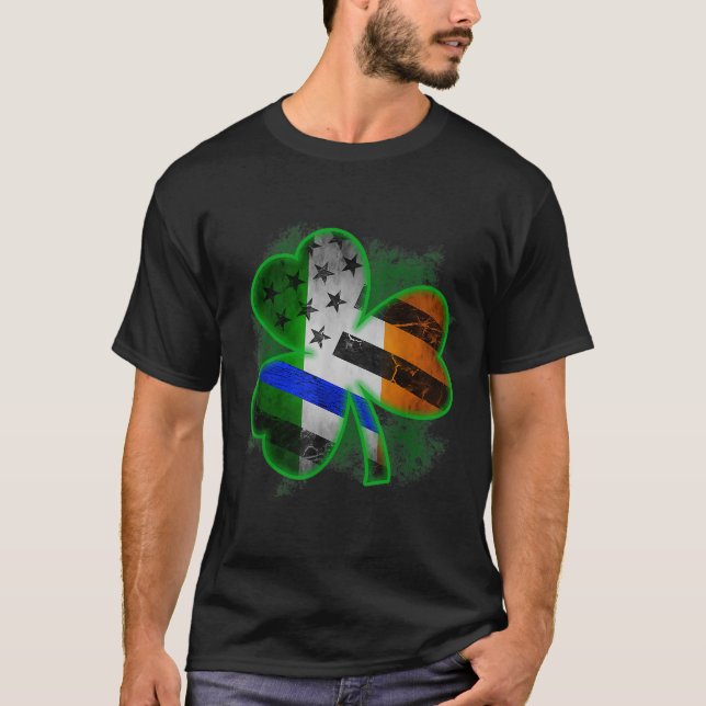Thin Blue Line St Patricks Day Irish Clover T-Shirt (Front)