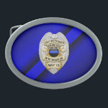 Thin Blue Line with Badge Belt Buckles<br><div class="desc">This design is intended to honour the courageous men and women who protect our communities. This police,  sheriff and law enforcement symbol is beautiful graphic tribute to those who serve and those who have made the ultimate sacrifice.</div>