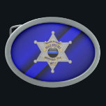 Thin Blue Line with Badge Belt Buckles<br><div class="desc">This design is intended to honour the courageous men and women who protect our communities. This police,  sheriff and law enforcement symbol is beautiful graphic tribute to those who serve and those who have made the ultimate sacrifice.</div>