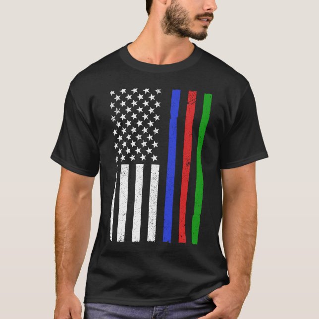 Thin Blue Red Green Line Police Firefighter Milita T-Shirt (Front)
