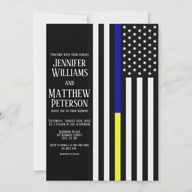 Thin Blue/Yellow Line Flag Wedding Invitation (Front)