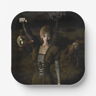 Thin female carrying lamp paper plate
