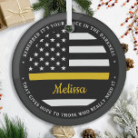 Thin Gold Line Personalised Flag 911 Dispatcher Glass Tree Decoration<br><div class="desc">The Golden Glue That Holds It All Together. Personalised Thin Gold Line Ornament for 911 dispatchers and police dispatchers. Personalise this dispatcher ornament with name and year. This personalised dispatcher gift is perfect for police dispatcher appreciation, 911 dispatcher thank you gifts, and dispatcher retirement gifts or party favours. Order these...</div>