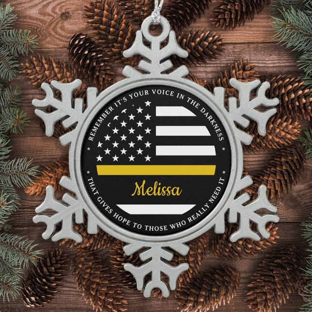 Thin Gold Line Personalised Flag 911 Dispatcher Snowflake Pewter Christmas Ornament (Creator Uploaded)
